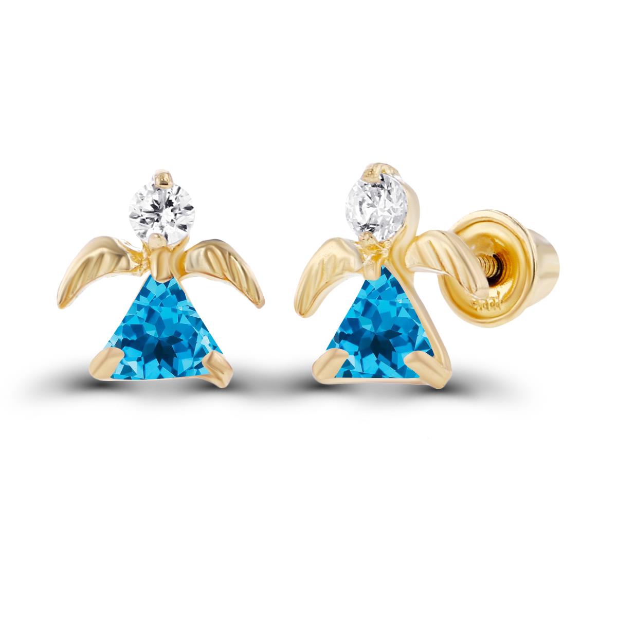 Sterling Silver Yellow 3x3mm Trillion Swiss Blue Topaz & 2mm Round Created White Sapphire Angel Screwback Earrings