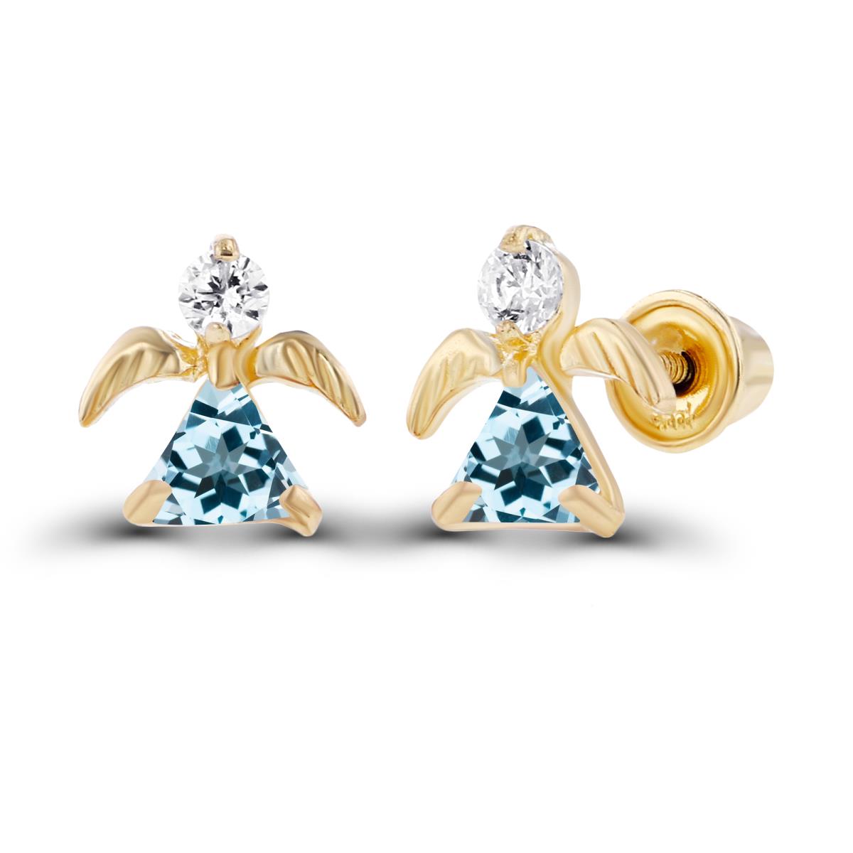 Sterling Silver Yellow 3x3mm Trillion Sky Blue Topaz & 2mm Round Created White Sapphire Angel Screwback Earrings