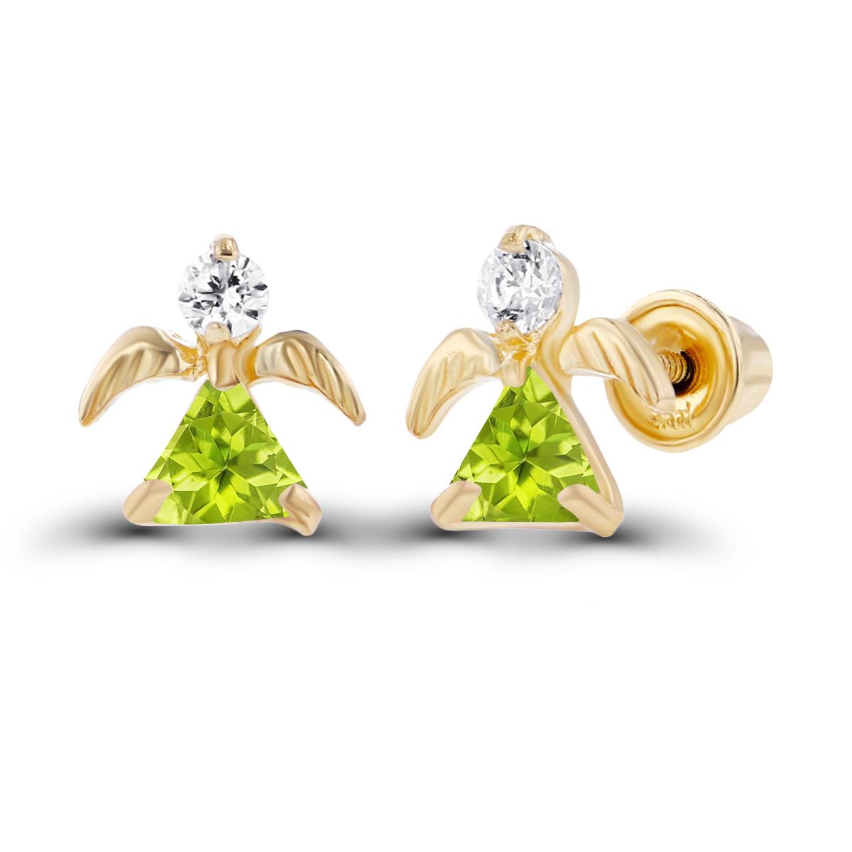 Sterling Silver Yellow 3x3mm Trillion Peridot & 2mm Round Created White Sapphire Angel Screwback Earrings