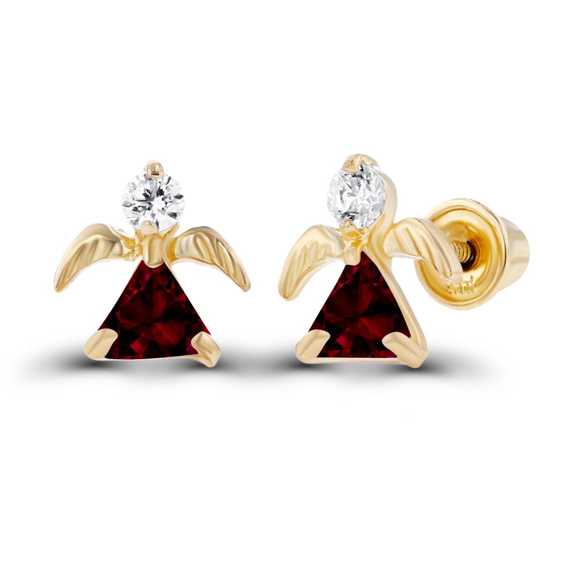 Sterling Silver Yellow 3x3mm Trillion Garnet & 2mm Round Created White Sapphire Angel Screwback Earrings
