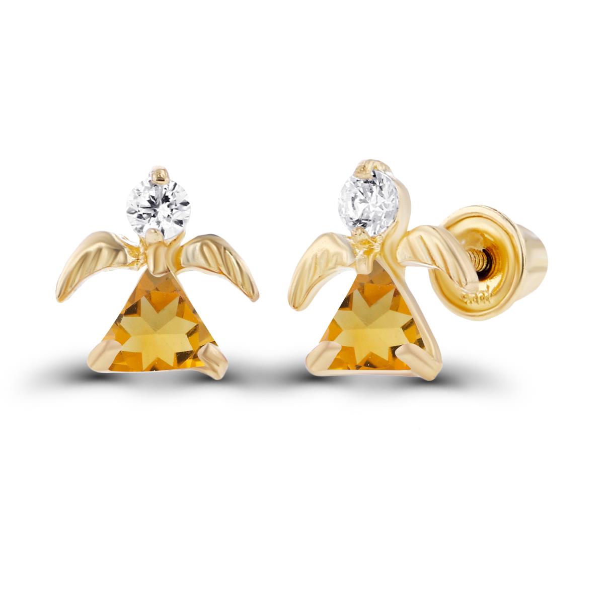 Sterling Silver Yellow 3x3mm Trillion Citrine & 2mm Round Created White Sapphire Angel Screwback Earrings
