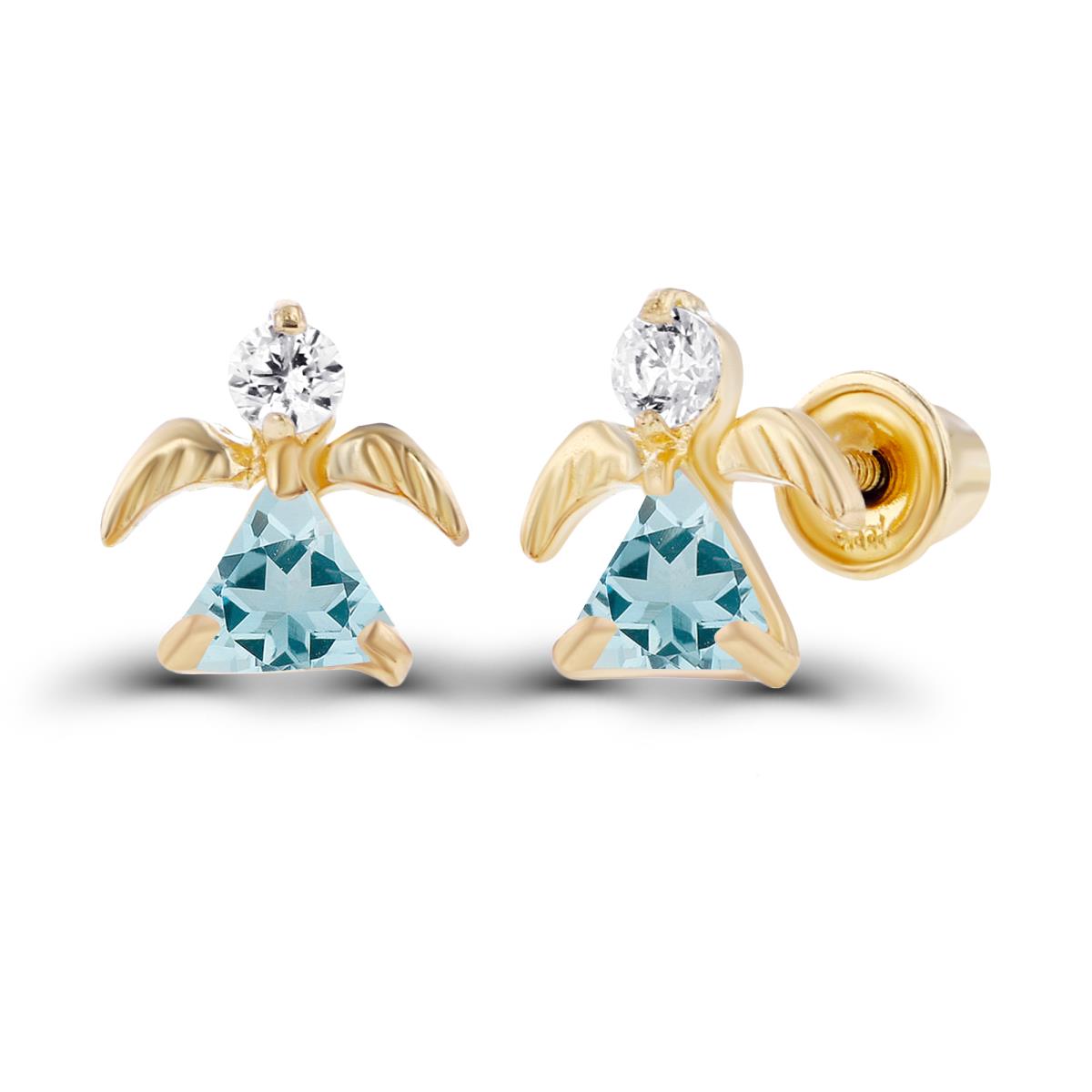 Sterling Silver yellow 3x3mm Trillion Aquamarine & 2mm Round Created White Sapphire Angel Screwback Earrings