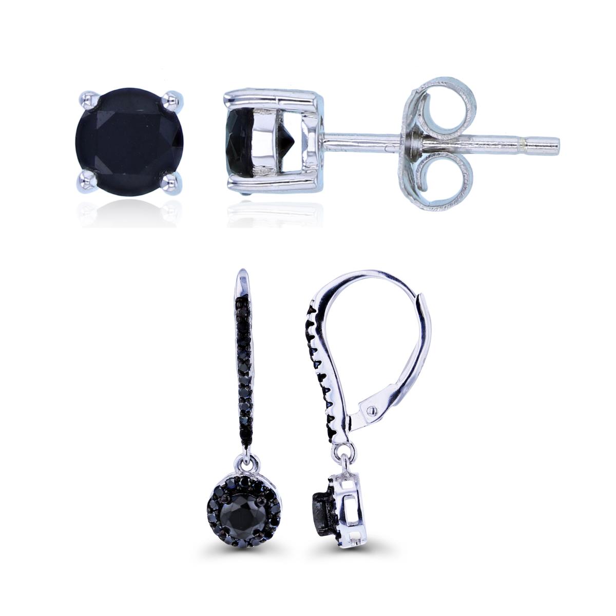 Sterling Silver Two-Tone 4mm Rd Cut Black Spinel Halo Leverback & 5mm Rd Black Spinel Stud Earring Set