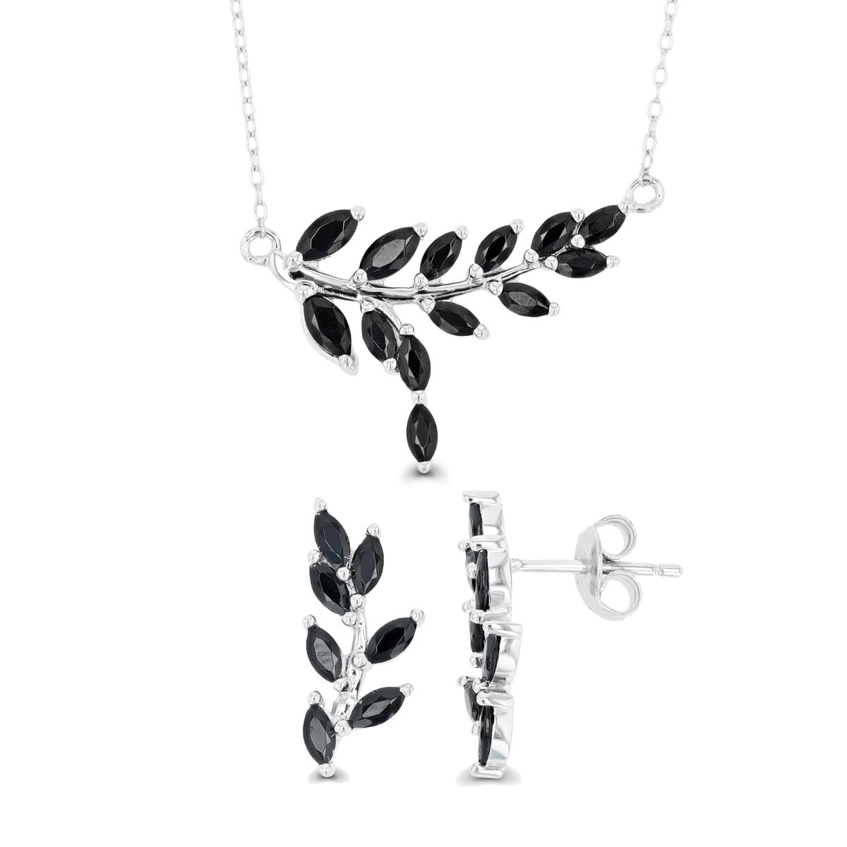 Sterling Silver Rhodium Mq Black Spinel Branch 18" Necklace & Earring Set