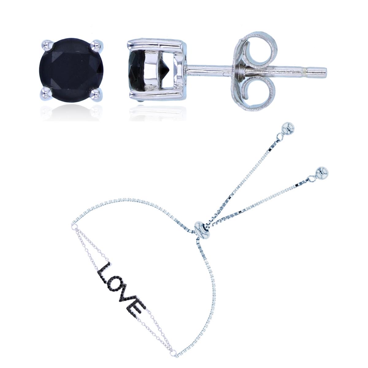 Sterling Silver Two-Tone Rd Black Spinel "LOVE" Adj Bracelet & 5mm Rd Black Spinel Stud Earring Set