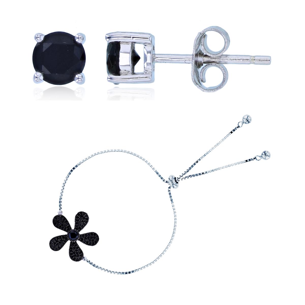 Sterling Silver Two-Tone Rnd Black Spinel Flower Bracelet & 5mm Rd Black Spinel Stud Earring Set