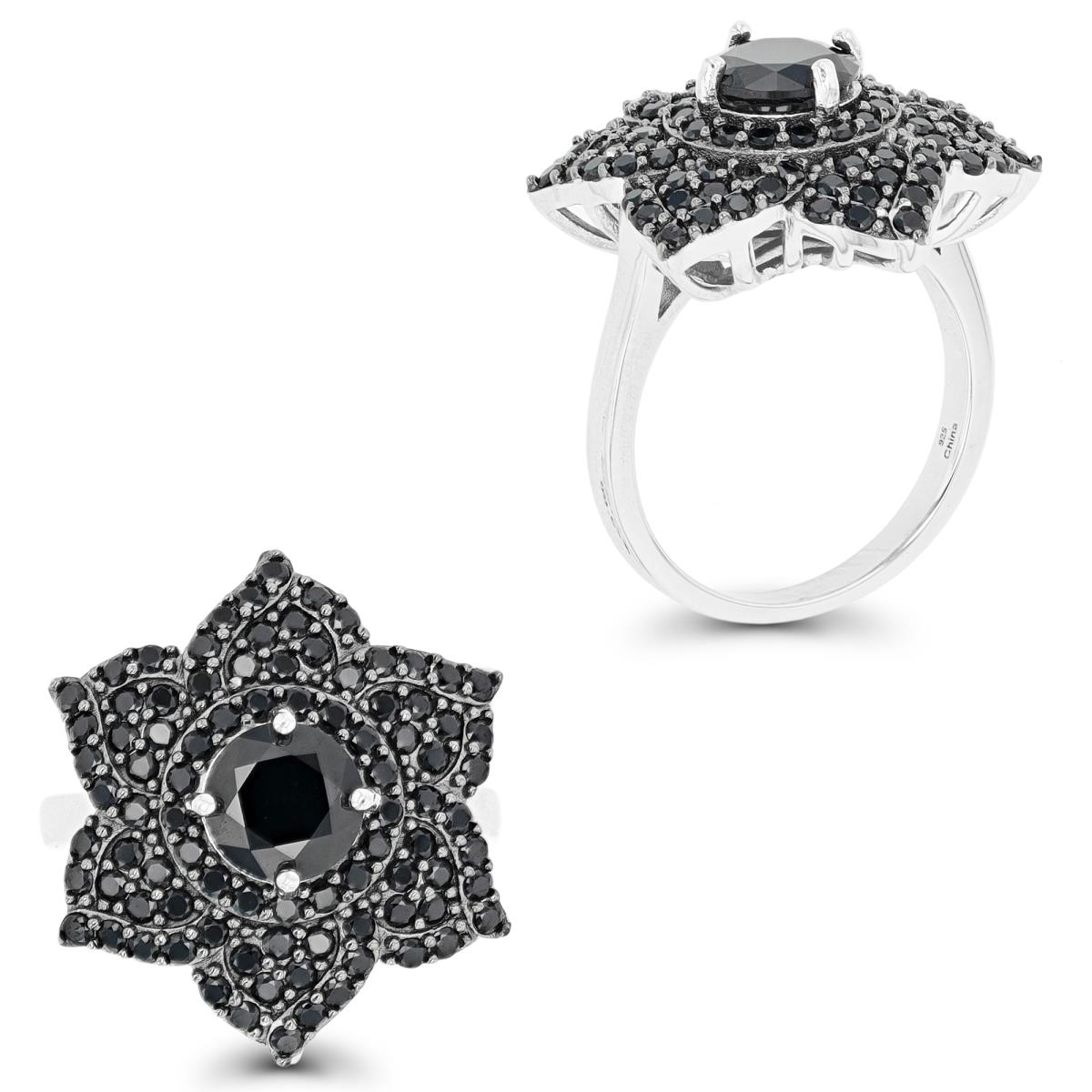 Sterling Silver Black & Rhodium Paved Black Spinel Flower Fashion Ring