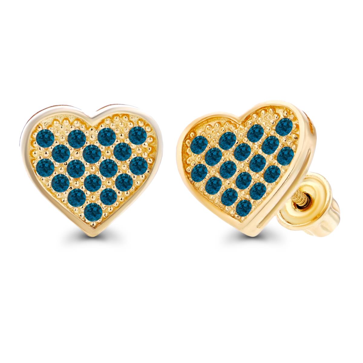 Sterling Silver Yellow Paved 1mm Round London Blue Topaz Heart Screwback Earrings