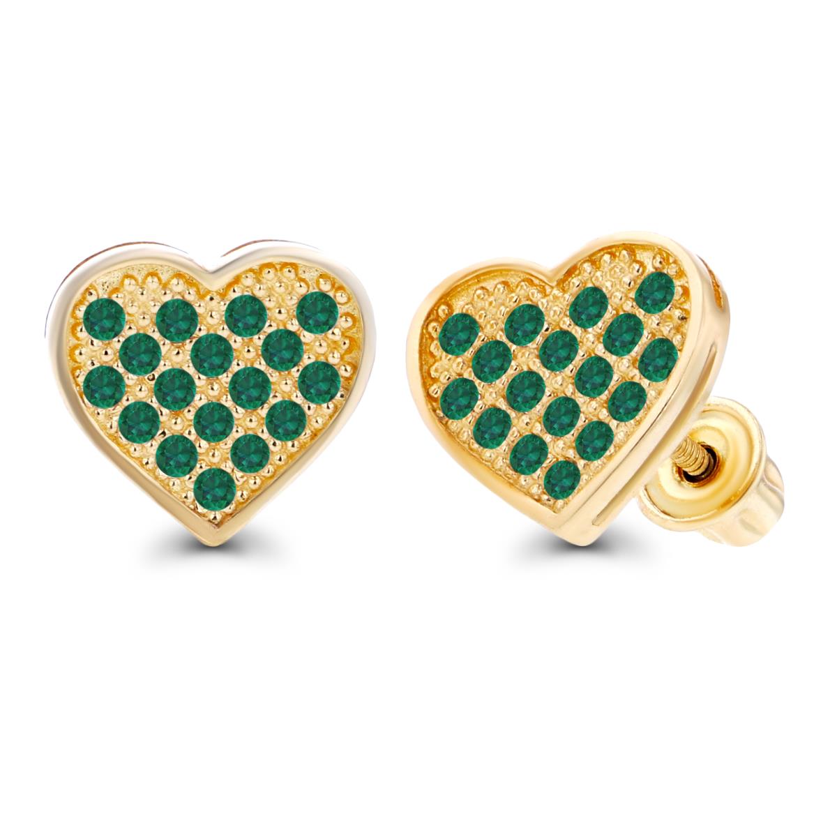 Sterling Silver Yellow Paved 1mm Round Created Emerald Heart Screwback Earrings