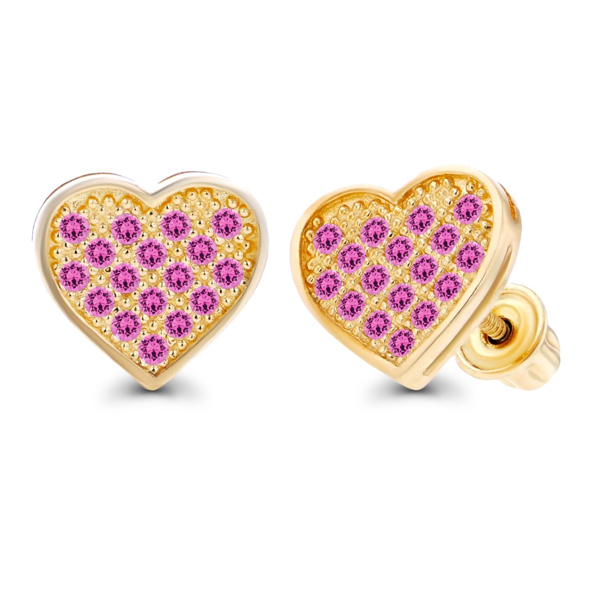Sterling Silver Yellow Paved 1mm Round Created Pink Sapphire Heart Screwback Earrings