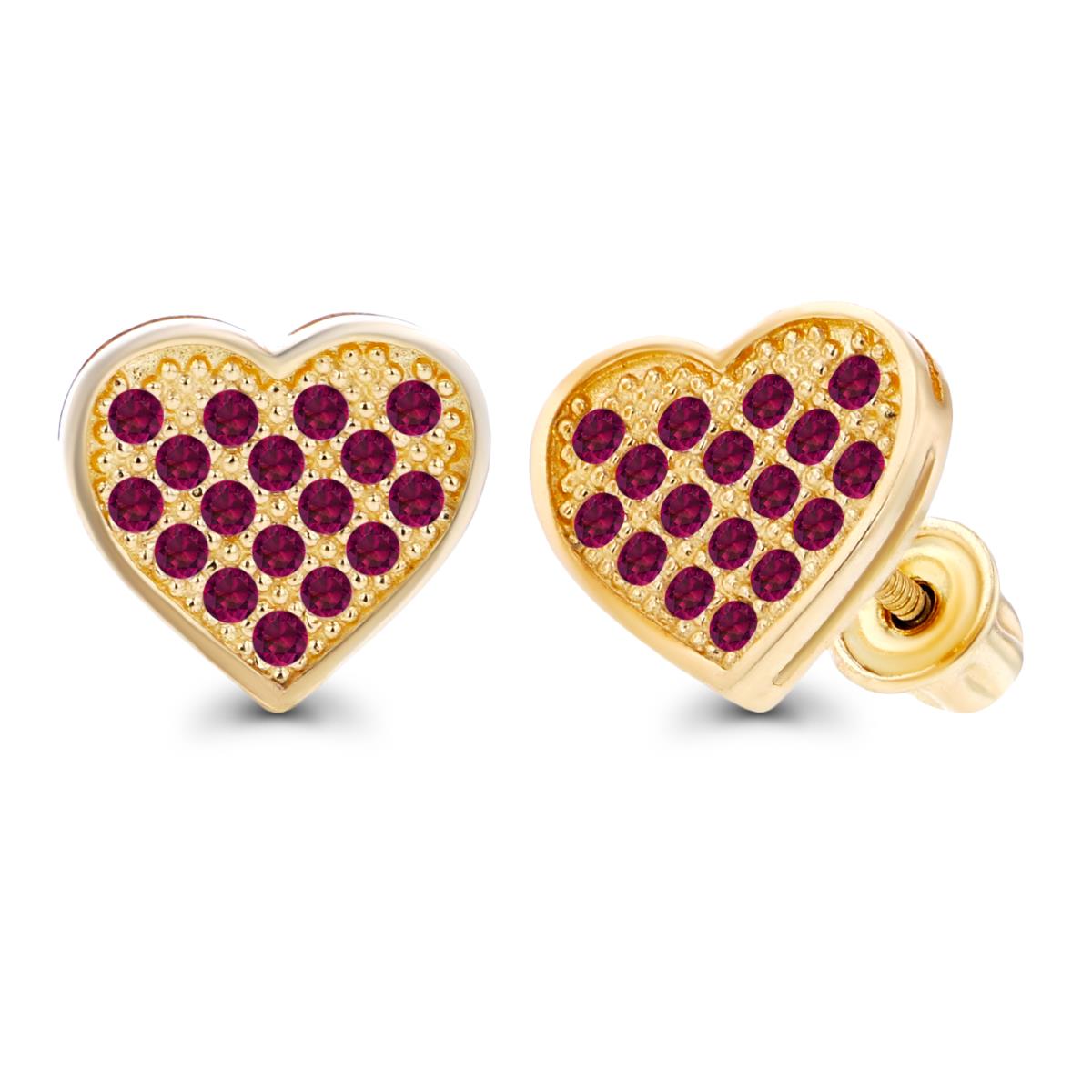 Sterling Silver Yellow Paved 1mm Round Created Ruby Heart Screwback Earrings
