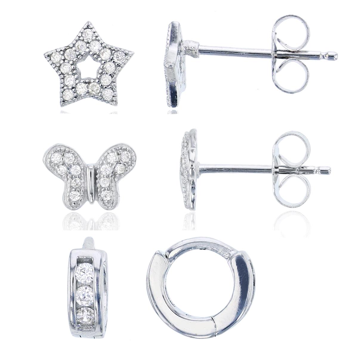Sterling Silver Rhodium Star, Butterfly Stud & 7x3mm 3-Stone Rd Huggie Earring Set