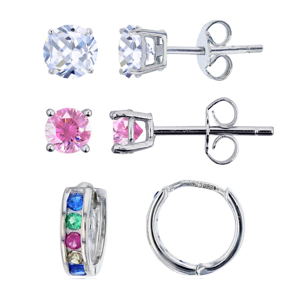 Sterling Silver Rhodium Multi Color Huggie, 4mm Pink Rd & White CZ Stud Earring Set