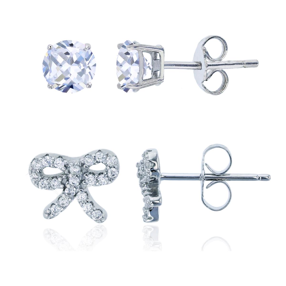 Sterling Silver Rhodium Micropave Bow & 4mm Rd CZ Stud Earring