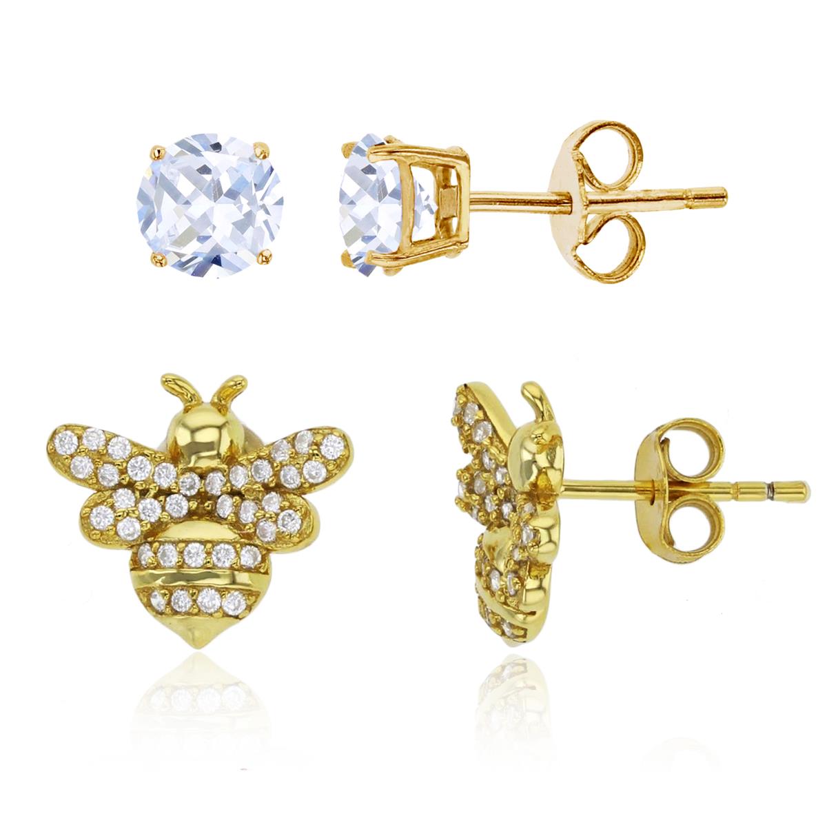 Sterling Silver Yellow Paved CZ Bee & 4mm Rd CZ Stud Earring