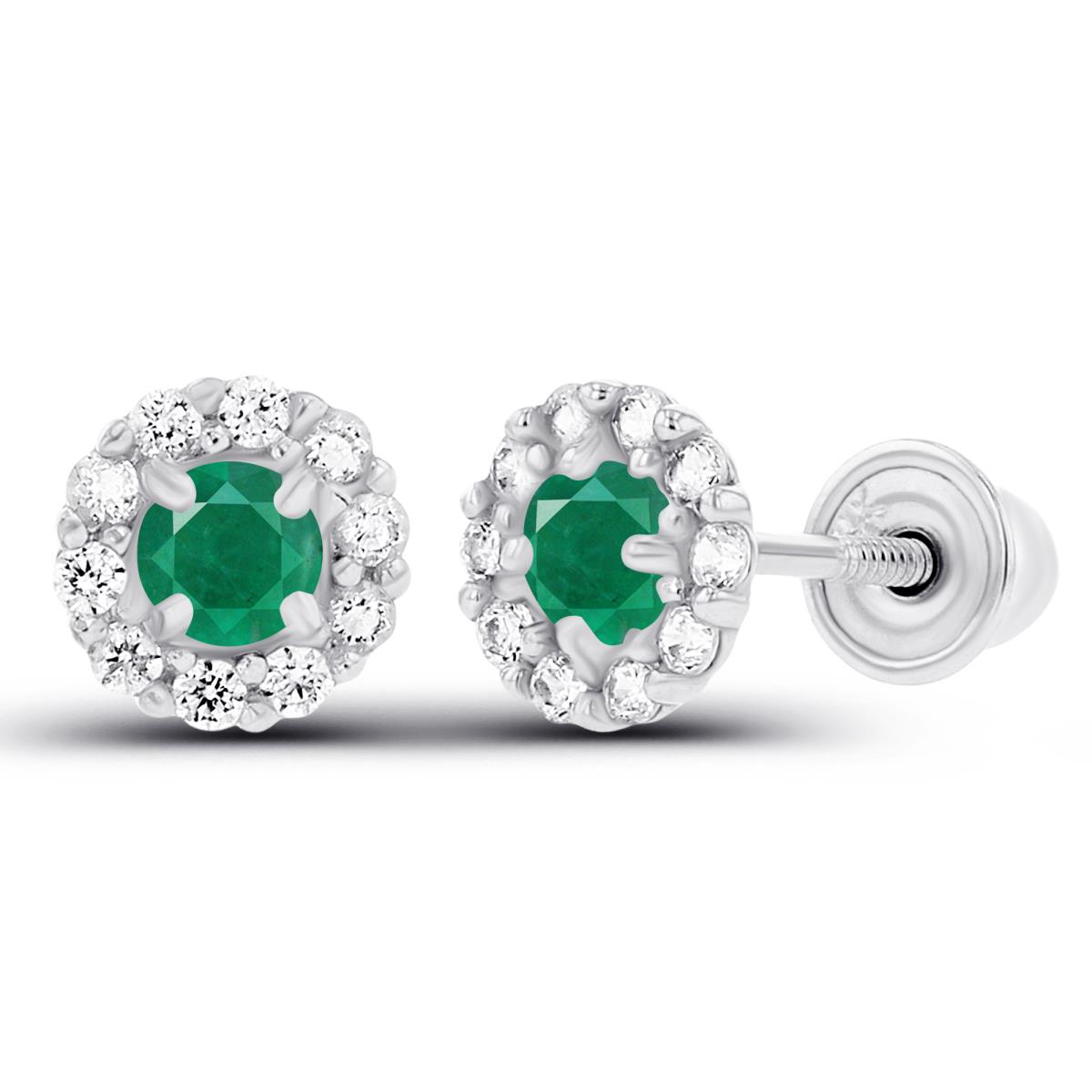 Sterling Silver Rhodium 2.5mm Emerald & 1mm Created White Sapphire Flower Screwback Earrings