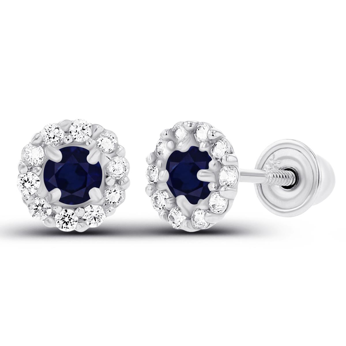 Sterling Silver Rhodium 2.5mm Sapphire & 1mm Created White Sapphire Flower Screwback Earrings