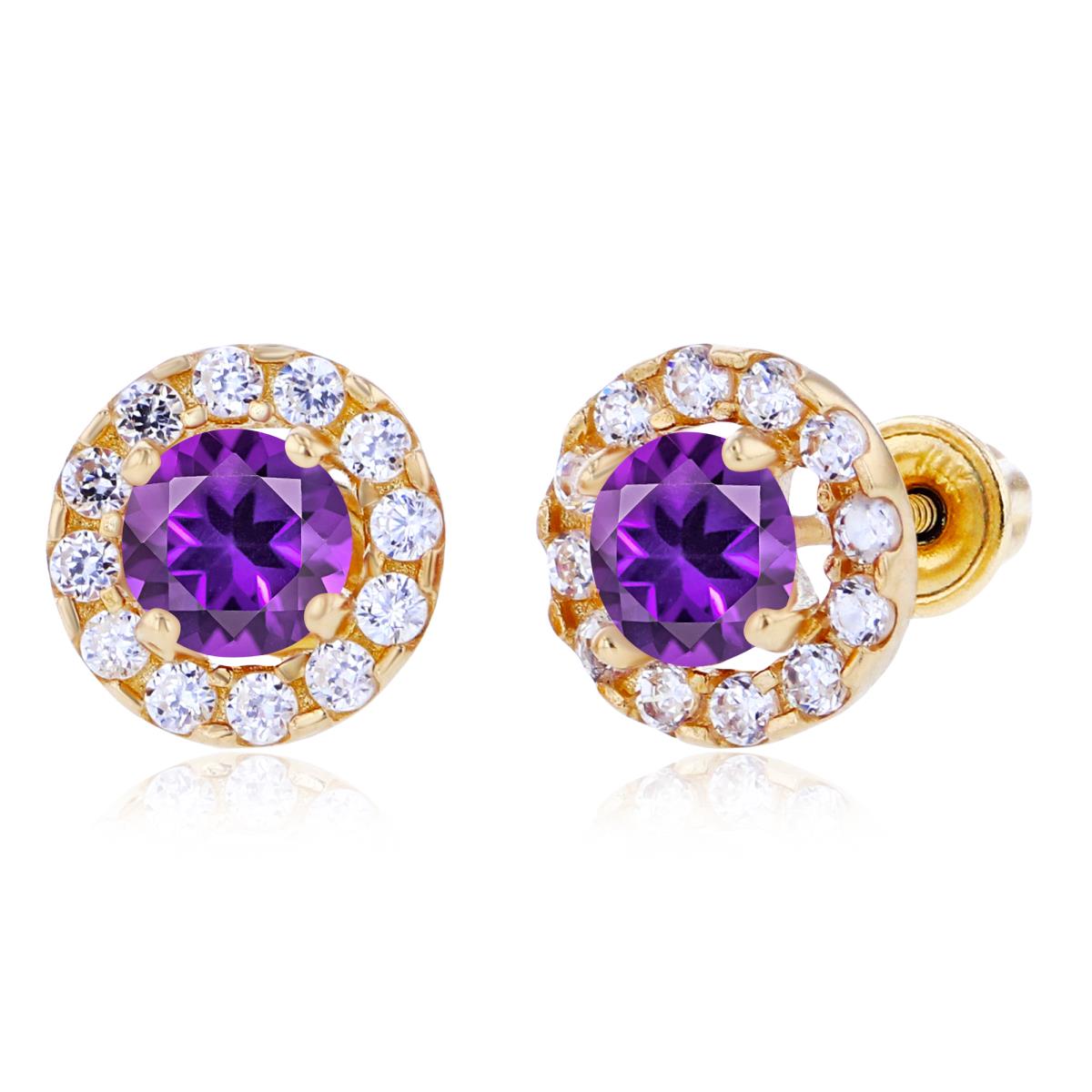 Sterling Silver Yellow 4mm Amethyst & 1mm Created White Sapphire Halo Screwback Earrings