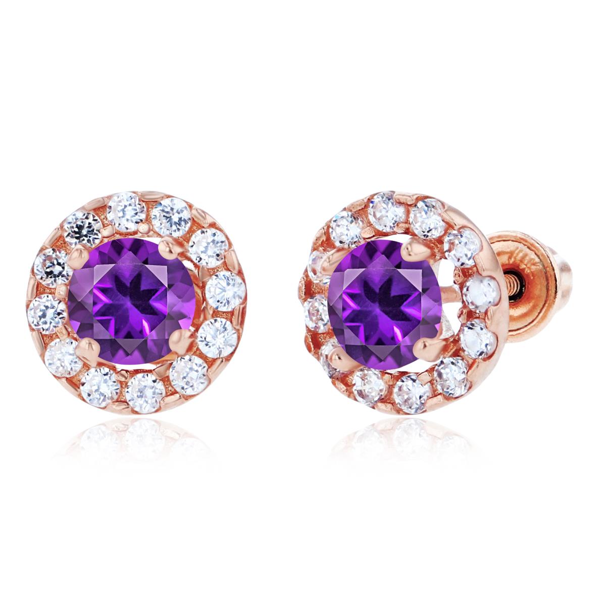 Sterling Silver Rose 4mm Amethyst & 1mm Created White Sapphire Halo Screwback Earrings