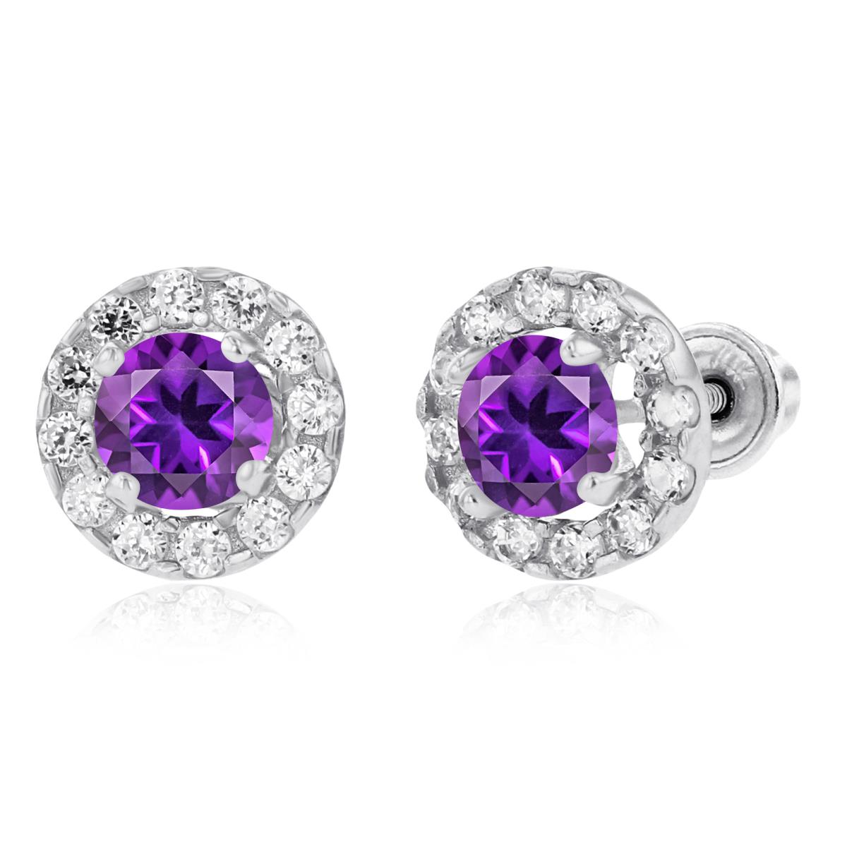 Sterling Silver Rhodium 4mm Amethyst & 1mm Created White Sapphire Halo Screwback Earrings