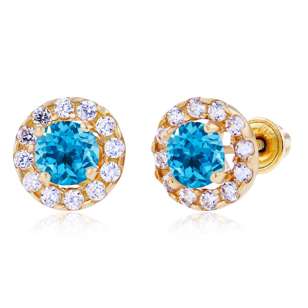 Sterling Silver Yellow 4mm Swiss Blue Topaz & 1mm Created White Sapphire Halo Screwback Earrings