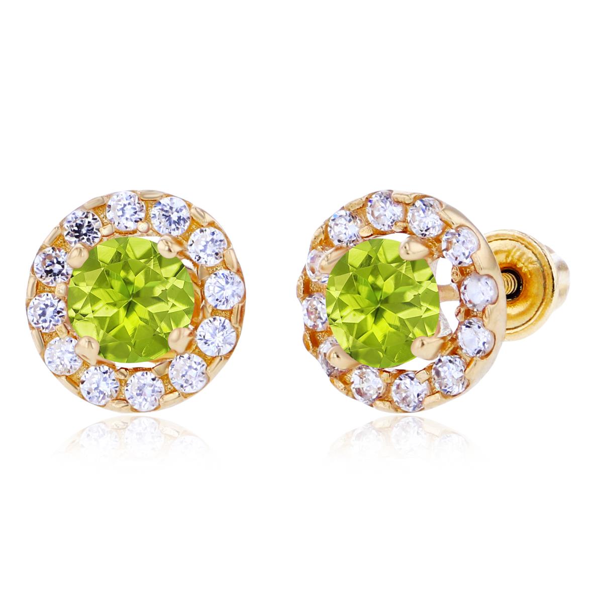 Sterling Silver Yellow 4mm Peridot & 1mm Created White Sapphire Halo Screwback Earrings