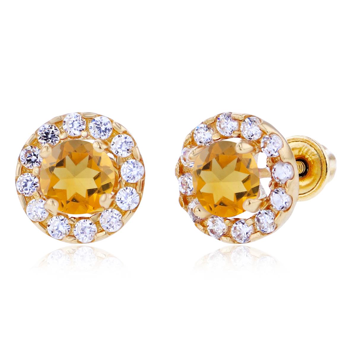 Sterling Silver Yellow 4mm Citrine & 1mm Created White Sapphire Halo Screwback Earrings