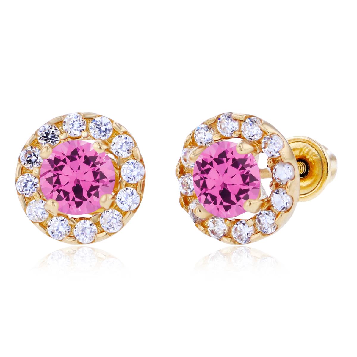 Sterling Silver Yellow 4mm Created Pink Sapphire & 1mm Created White Sapphire Halo Screwback Earrings