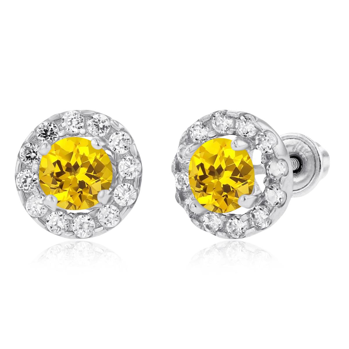 Sterling Silver Rhodium 4mm Created Yellow Sapphire & 1mm Created White Sapphire Halo Screwback Earrings