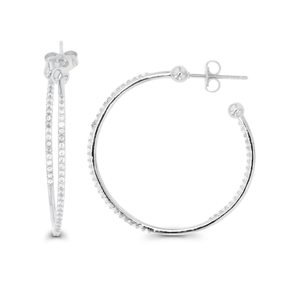 Sterling Silver Rhodium Paved Thin Open Hoop Earring