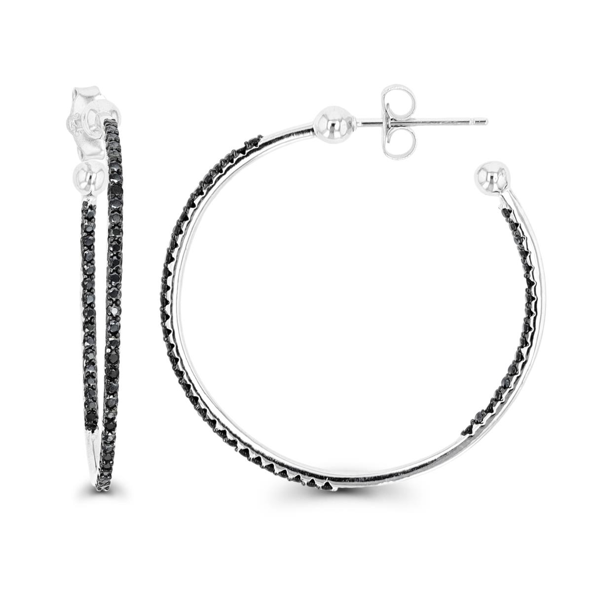 Sterling Silver Rhodium & Black Paved Thin Black Spinel Open Hoop Earring