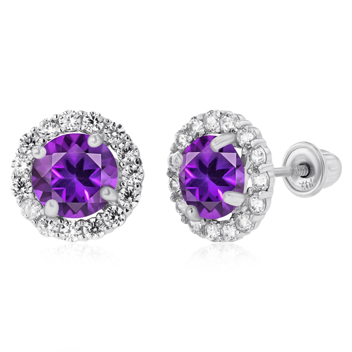 Sterling Silver Rhodium 5mm Amethyst & 1.25mm Created White Sapphire Halo Screwback Earrings