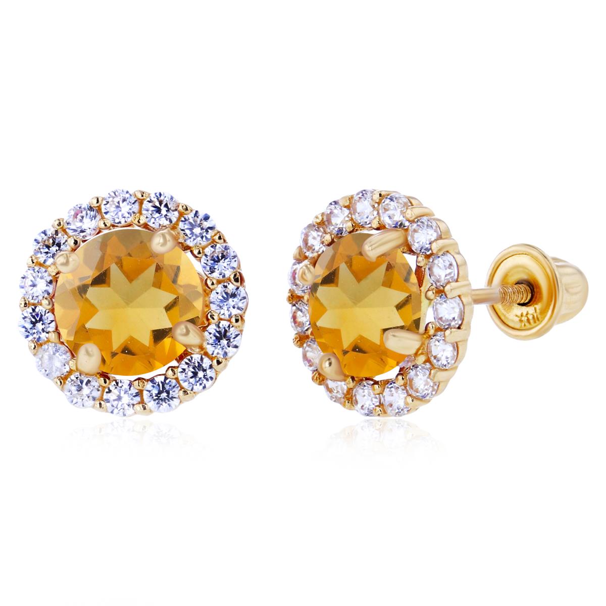 Sterling Silver Yellow 5mm Citrine & 1.25mm Created White Sapphire Halo Screwback Earrings