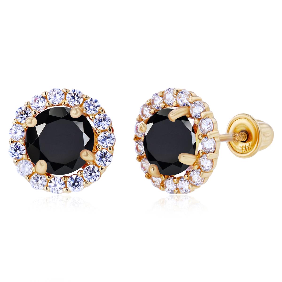 Sterling Silver Yellow 5mm Onyx & 1.25mm Created White Sapphire Halo Screwback Earrings
