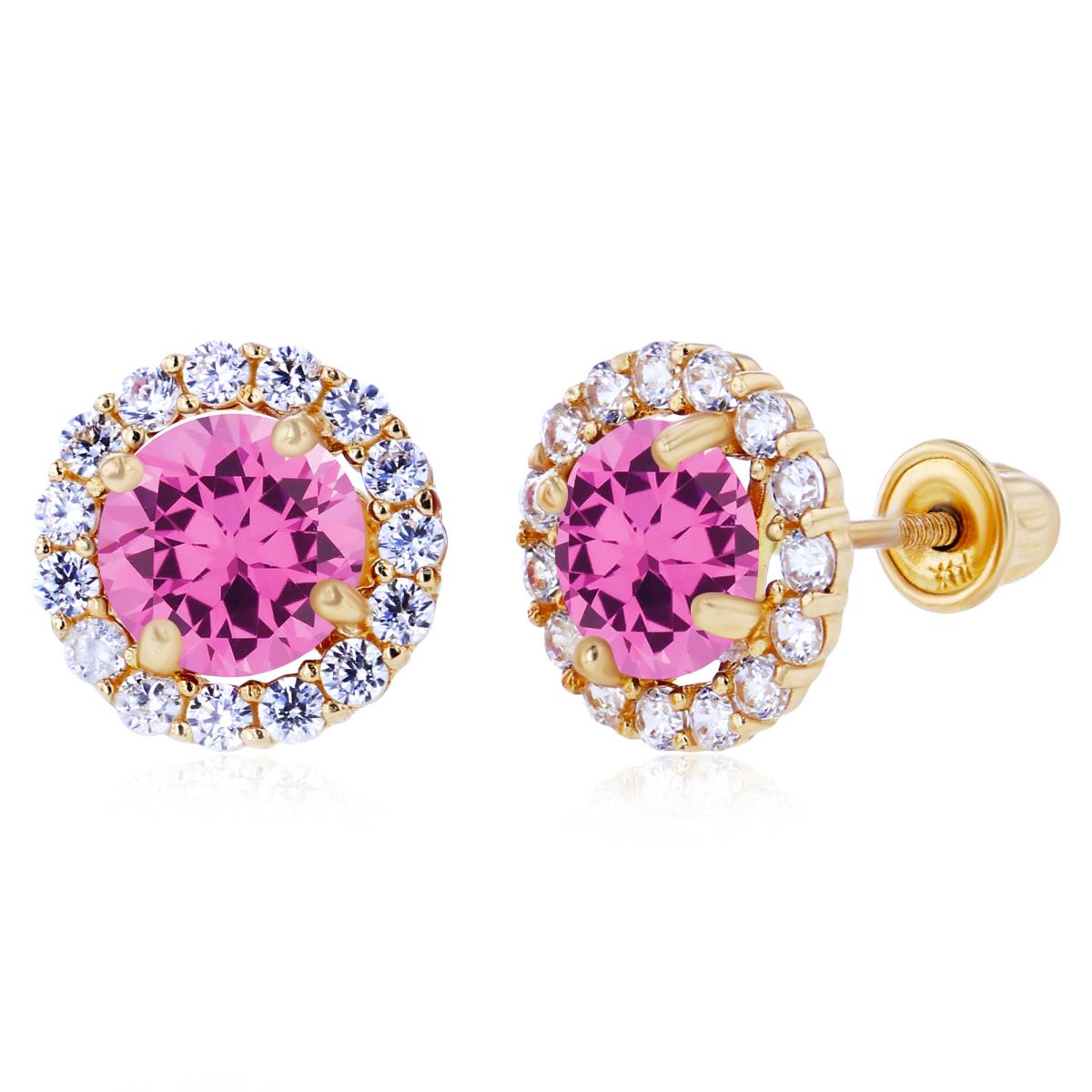 Sterling Silver Yellow 5mm Created Pink Sapphire & 1.25mm Created White Sapphire Halo Screwback Earrings