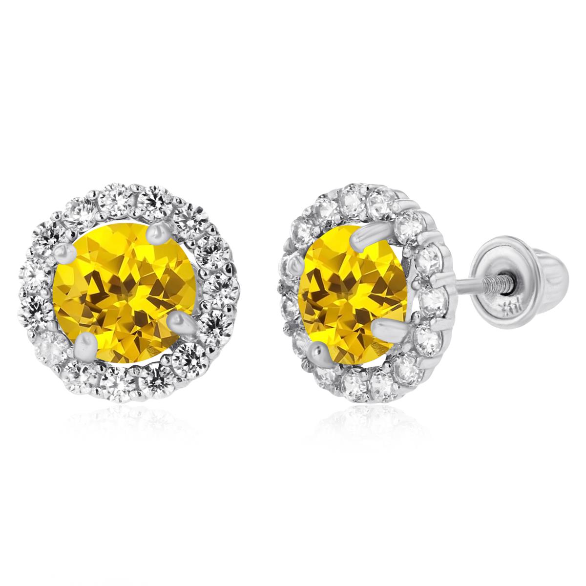 Sterling Silver Rhodium 5mm Created Yellow Sapphire & 1.25mm Created White Sapphire Halo Screwback Earrings