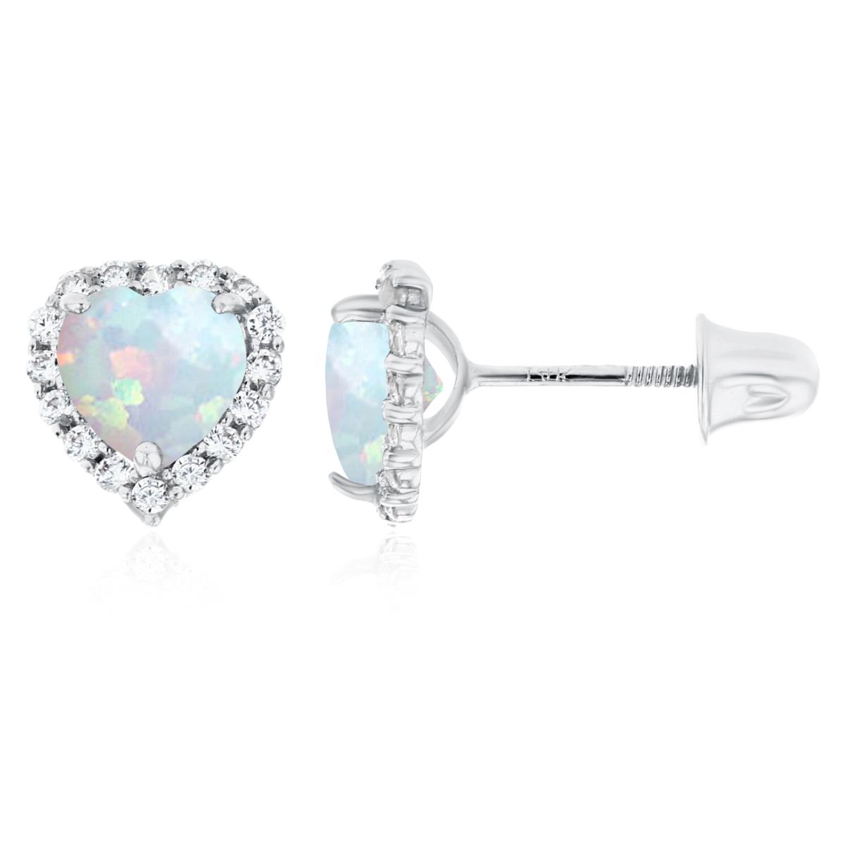 Sterling Silver Rhodium 5mm Heart Created Opal & 1mm Created White Sapphire Halo Screwback Earrings
