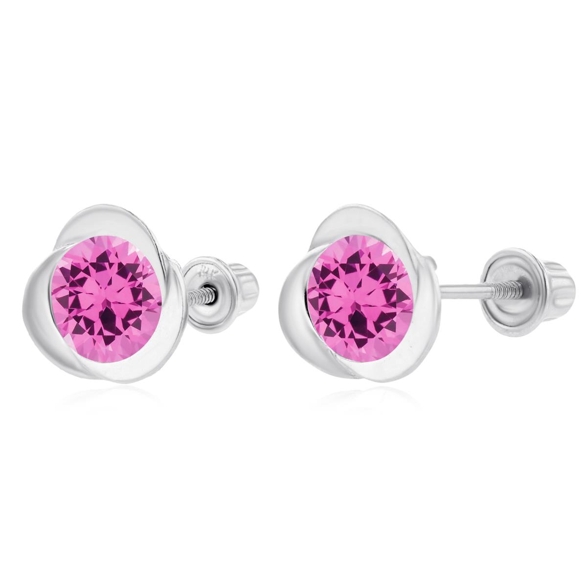 Sterling Silver Rhodium 6mm Round Created Pink Sapphire Invert Screwback Earrings