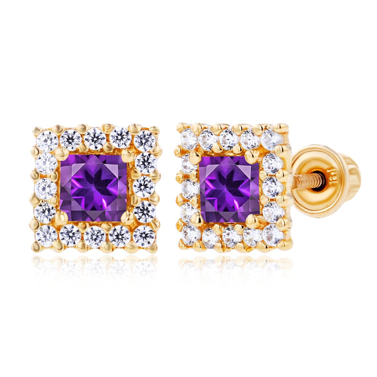 Sterling Silver Yellow 3mm Square Amethyst & 1mm Created White Sapphire Square Screwback Earrings