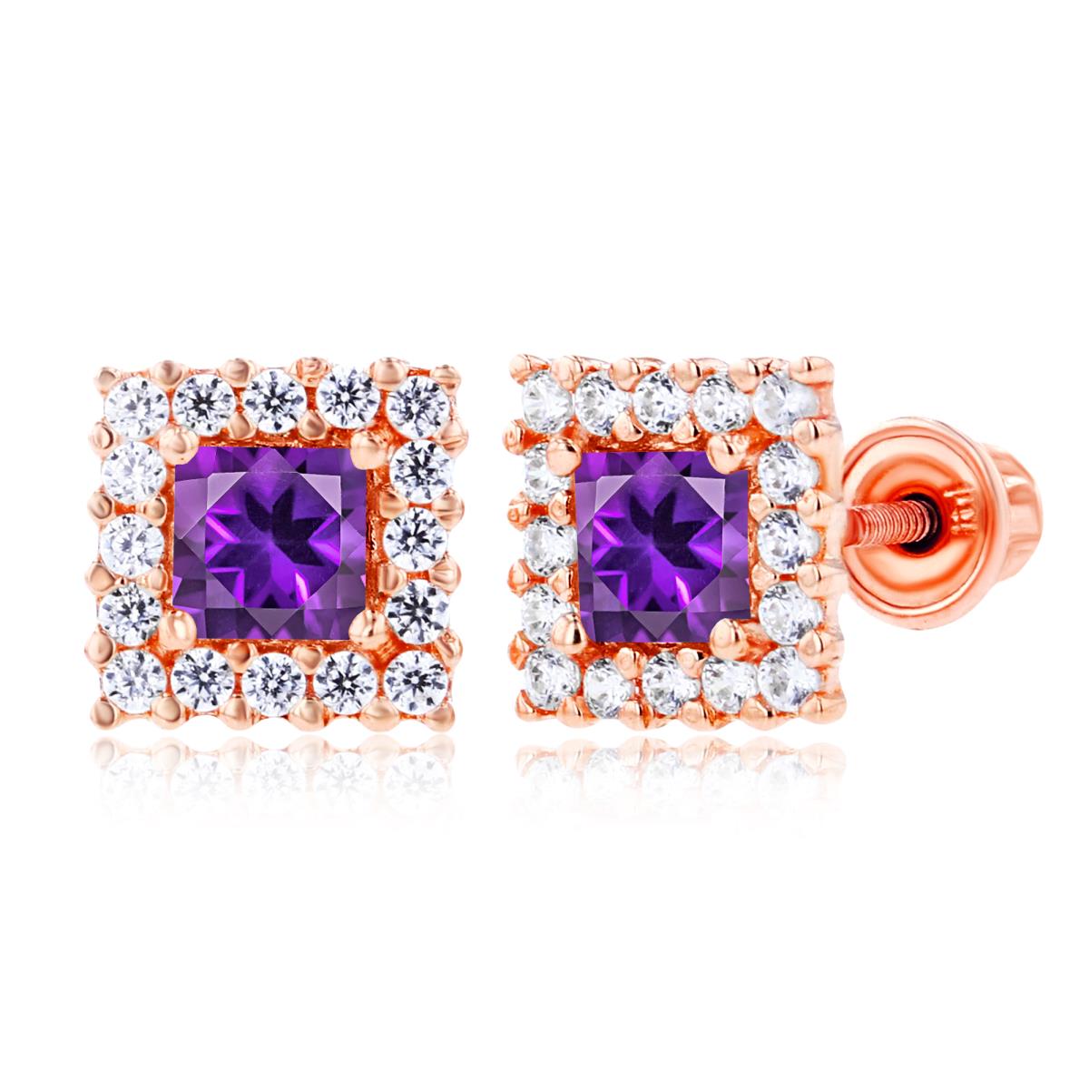 Sterling Silver Rose 3mm Square Amethyst & 1mm Created White Sapphire Square Screwback Earrings