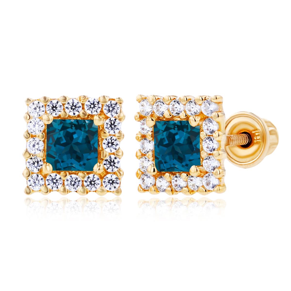Sterling Silver Yellow 3mm Square London Blue Topaz & 1mm Created White Sapphire Square Screwback Earrings