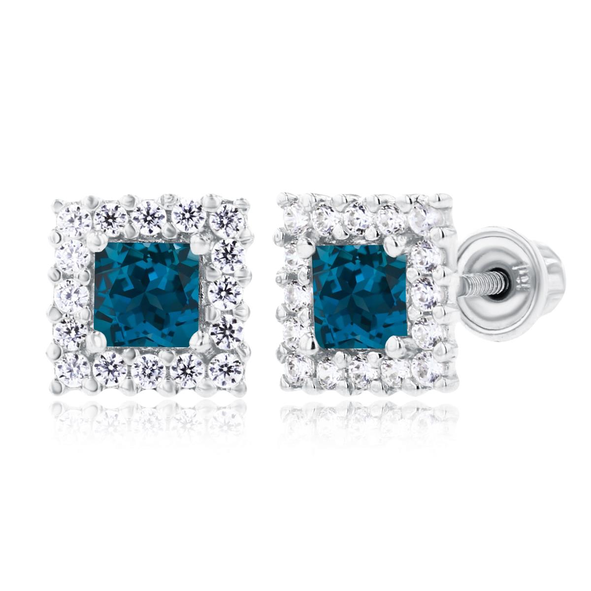 Sterling Silver Rhodium 3mm Square London Blue Topaz & 1mm Created White Sapphire Square Screwback Earrings