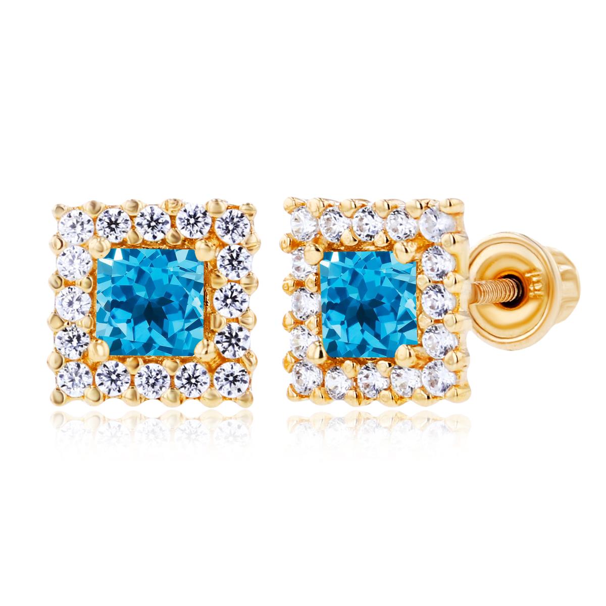 Sterling Silver Yellow 3mm Square Swiss Blue Topaz & 1mm Created White Sapphire Square Screwback Earrings