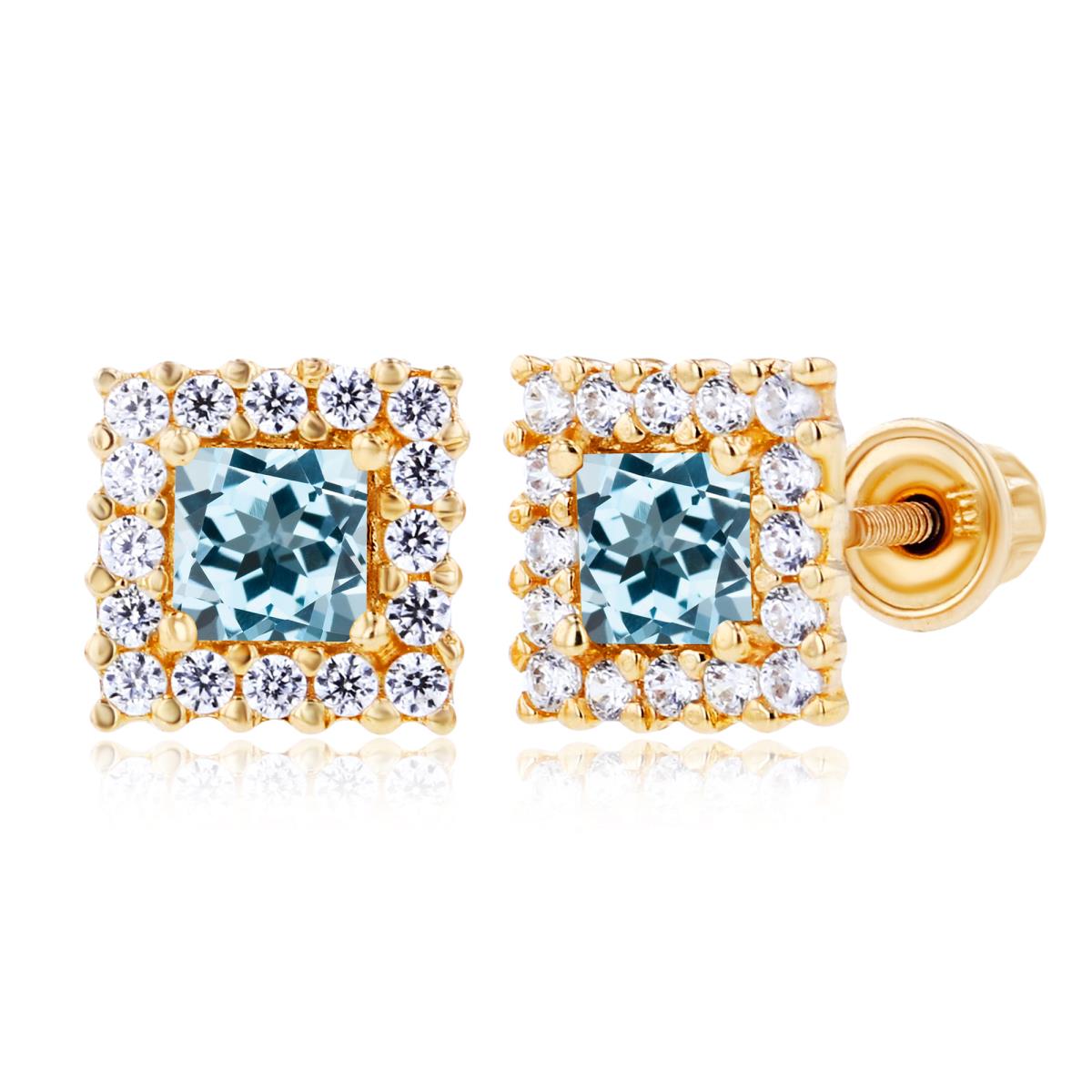 Sterling Silver Yellow 3mm Square Sky Blue Topaz & 1mm Created White Sapphire Square Screwback Earrings