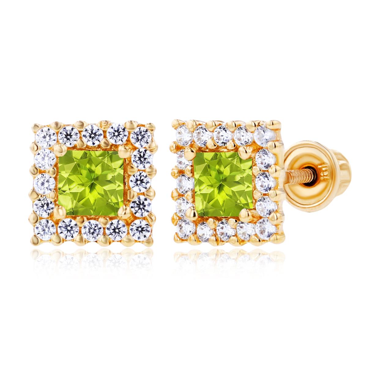 Sterling Silver Yellow 3mm Square Peridot & 1mm Created White Sapphire Square Screwback Earrings