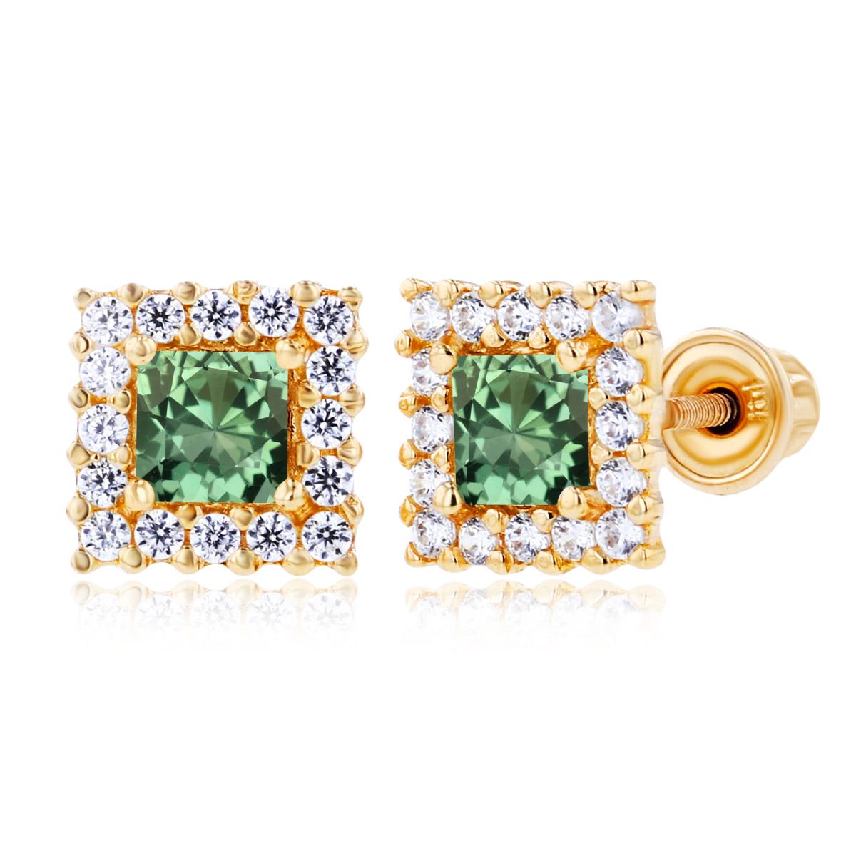 Sterling Silver Yellow 3mm Square Created Green Sapphire & 1mm Created White Sapphire Square Screwback Earrings