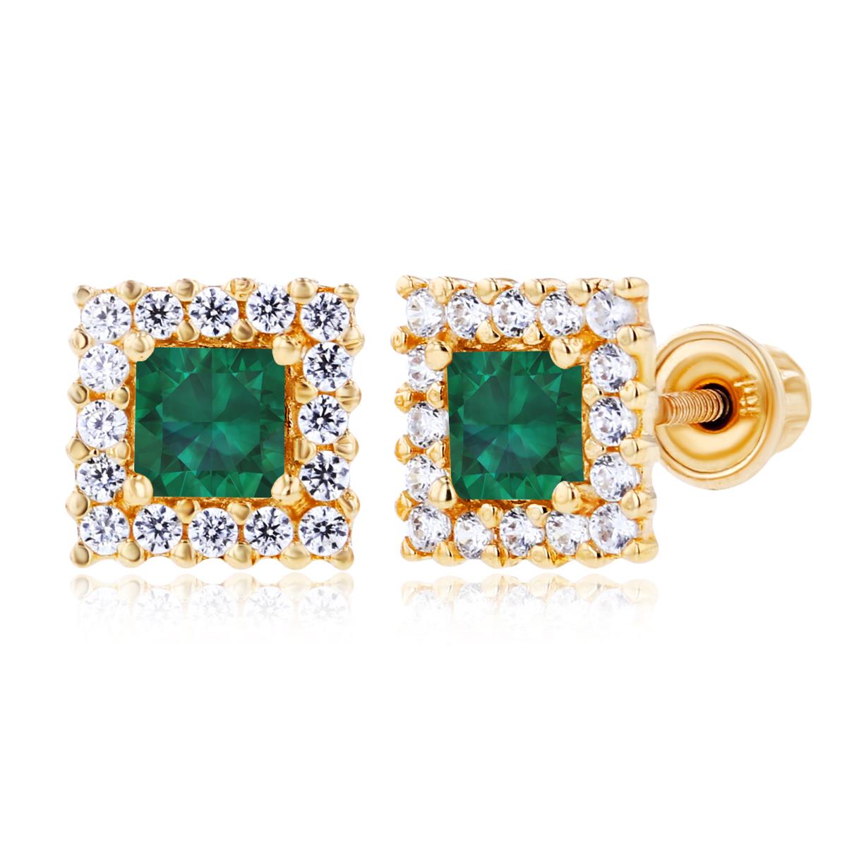 Sterling Silver Yellow 3mm Square Created Emerald & 1mm Created White Sapphire Square Screwback Earrings