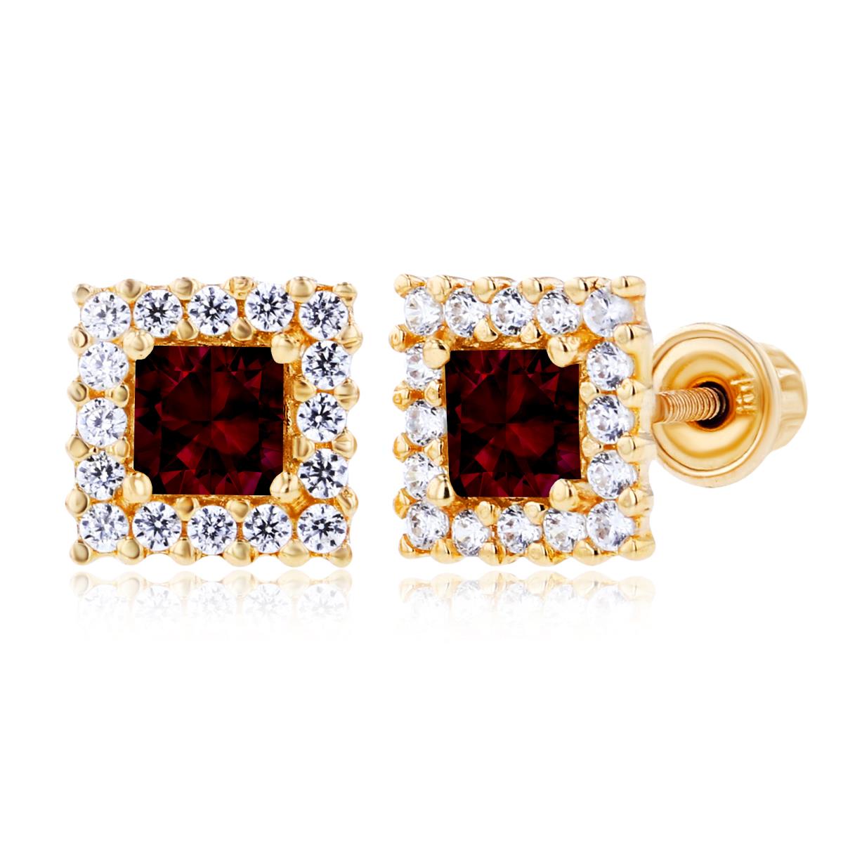 Sterling Silver Yellow 3mm Square Garnet & 1mm Created White Sapphire Square Screwback Earrings