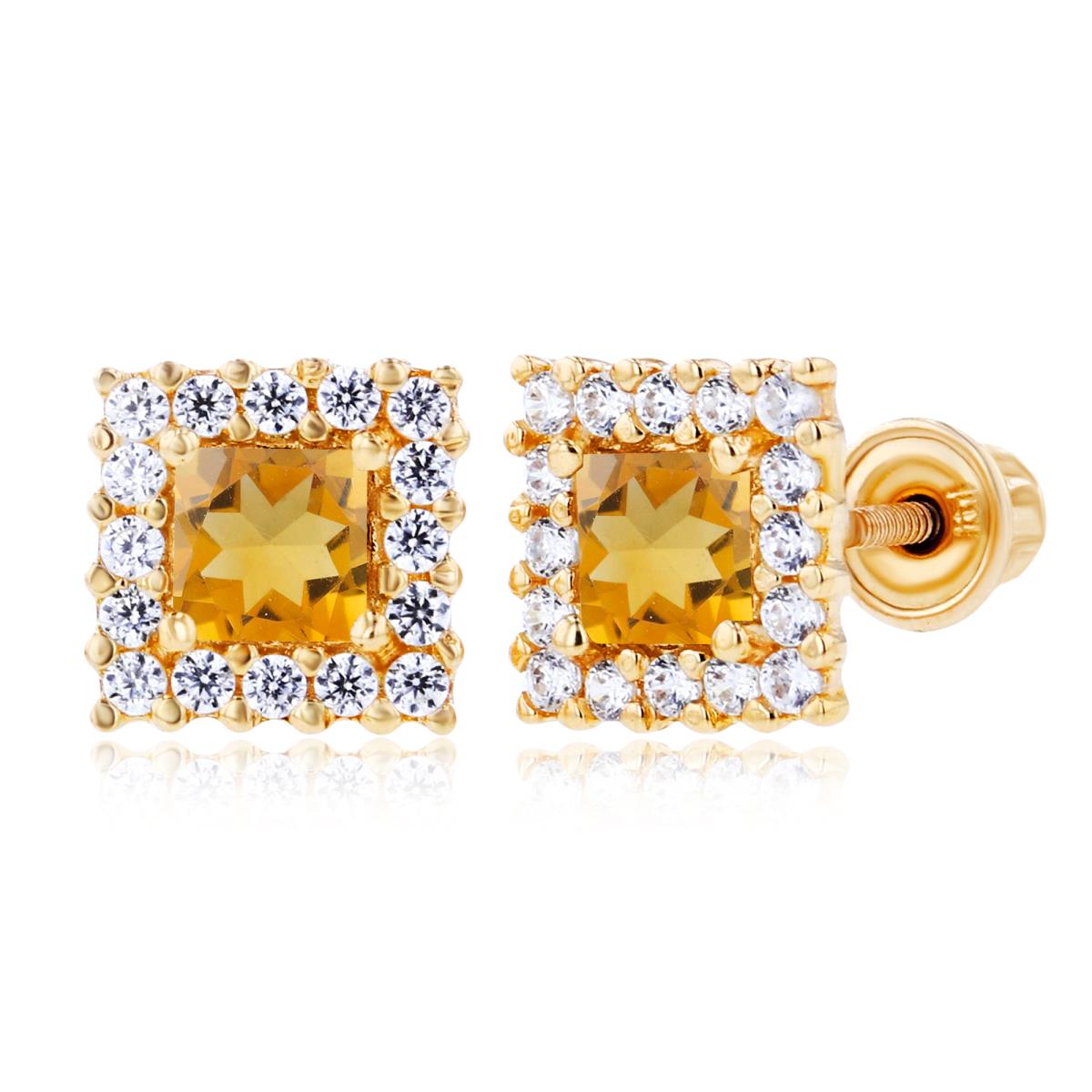 Sterling Silver Yellow 3mm Square Citrine & 1mm Created White Sapphire Square Screwback Earrings