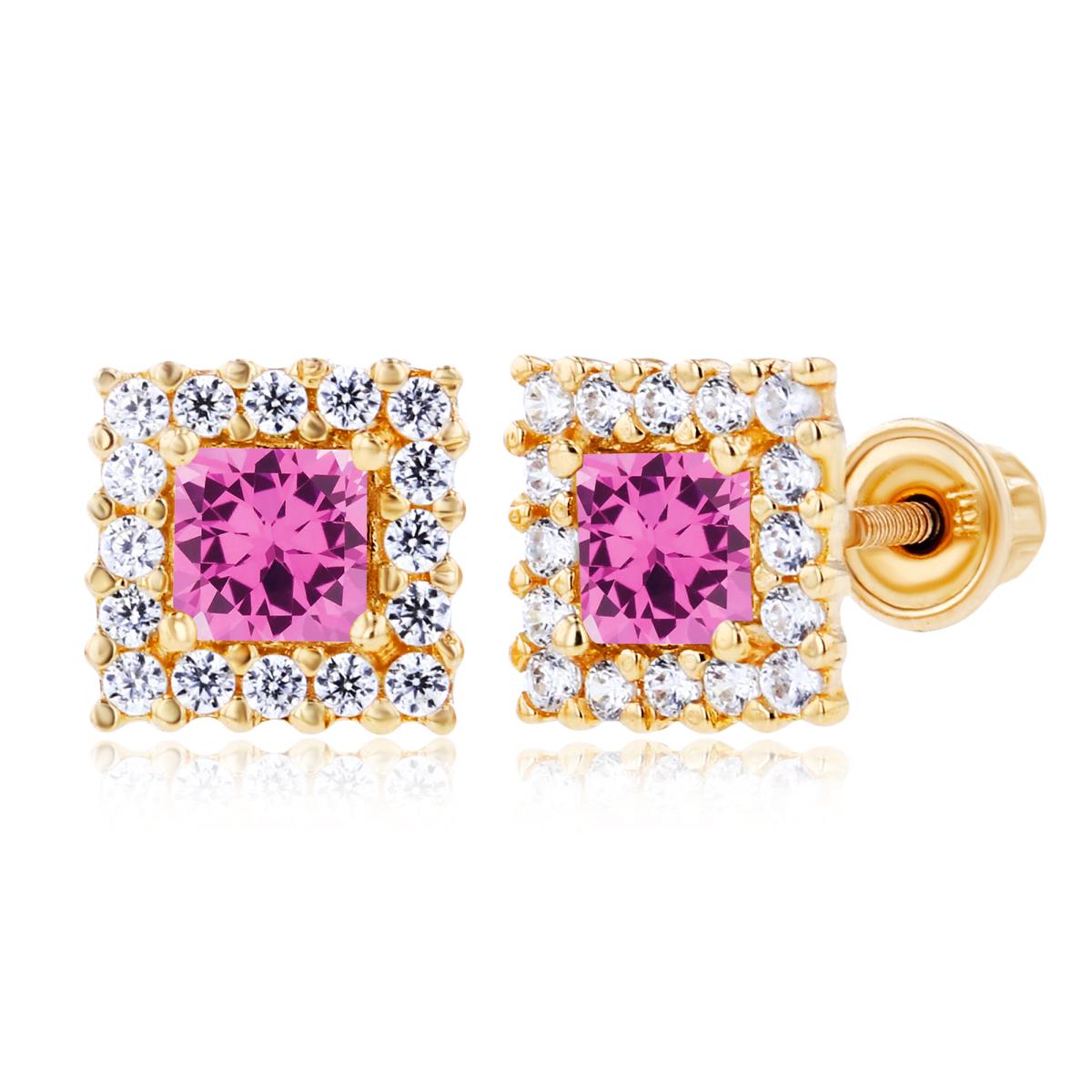 Sterling Silver Yellow 3mm Square Created Pink Sapphire & 1mm Created White Sapphire Square Screwback Earrings